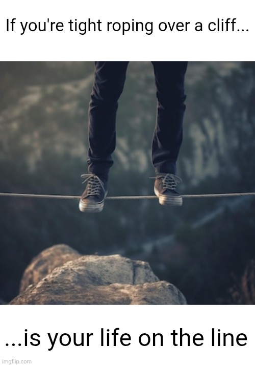 If you're tight roping over a cliff... ...is your life on the line | image tagged in shower thoughts,memes,hmmmmmmm,funny,tightroping,stunt | made w/ Imgflip meme maker