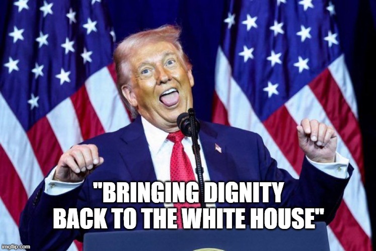 "BRINGING DIGNITY BACK TO THE WHITE HOUSE" | image tagged in trump,idiot | made w/ Imgflip meme maker