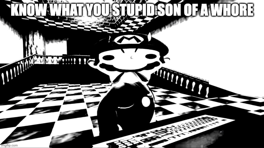 Very angry mario | KNOW WHAT YOU STUPID SON OF A WHORE | image tagged in very angry mario | made w/ Imgflip meme maker
