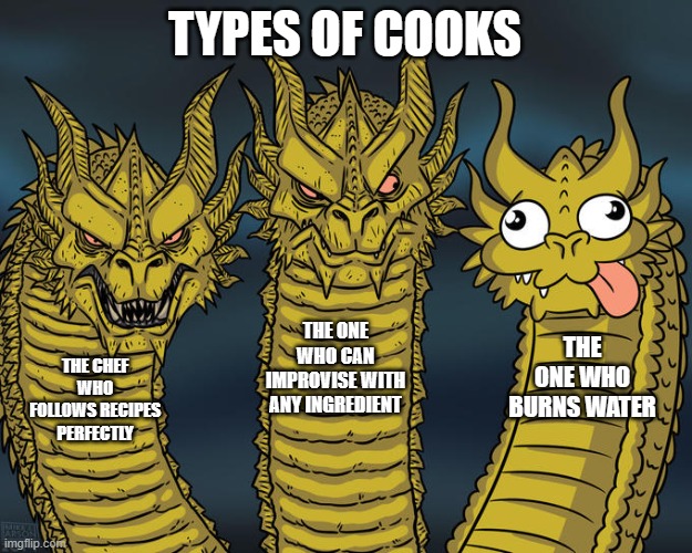 Types of Cooks | TYPES OF COOKS; THE ONE WHO CAN IMPROVISE WITH ANY INGREDIENT; THE ONE WHO BURNS WATER; THE CHEF WHO FOLLOWS RECIPES PERFECTLY | image tagged in three-headed dragon,cooked,cook,yeah boi chef,chef,daily cooking lesson | made w/ Imgflip meme maker