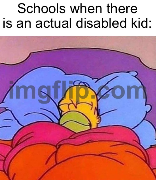 Homer Simpson sleeping peacefully | Schools when there is an actual disabled kid: | image tagged in homer simpson sleeping peacefully | made w/ Imgflip meme maker
