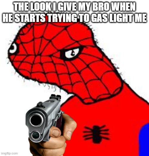 Spooderman | THE LOOK I GIVE MY BRO WHEN HE STARTS TRYING TO GAS LIGHT ME | image tagged in spooderman | made w/ Imgflip meme maker