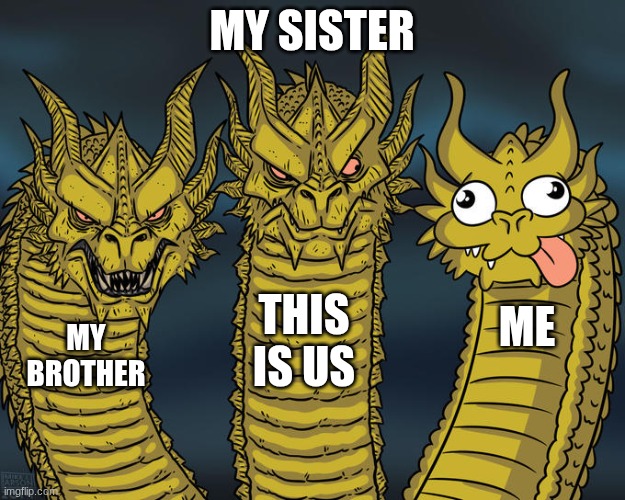 my fam | MY SISTER; THIS IS US; ME; MY BROTHER | image tagged in three-headed dragon | made w/ Imgflip meme maker