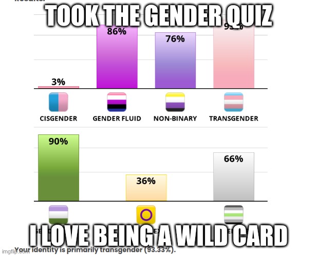 I love being a wild card :3 | TOOK THE GENDER QUIZ; I LOVE BEING A WILD CARD | image tagged in gender identity,quiz | made w/ Imgflip meme maker