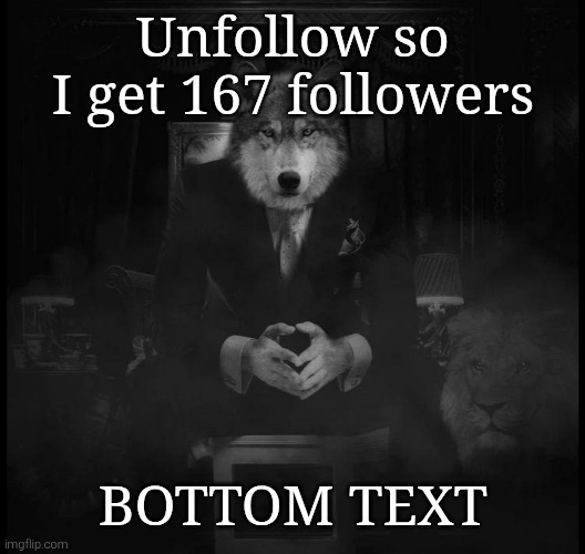 Idk | Unfollow so I get 167 followers; BOTTOM TEXT | image tagged in wolf on a chair | made w/ Imgflip meme maker