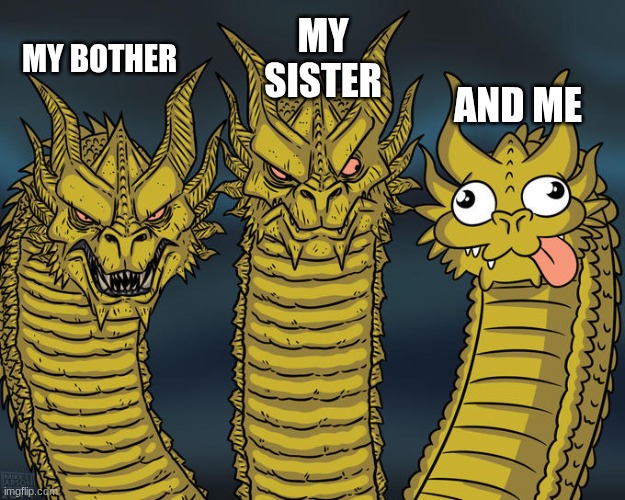 uwu hehe | MY SISTER; MY BOTHER; AND ME | image tagged in three-headed dragon,lol so funny | made w/ Imgflip meme maker