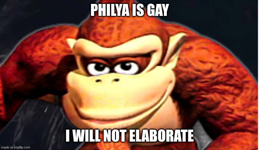 Donkey Kong’s Seducing Face | PHILYA IS GAY; I WILL NOT ELABORATE | image tagged in donkey kong s seducing face | made w/ Imgflip meme maker