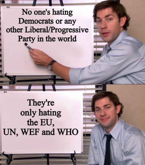Lib parties aren't "parties", but branches. Globally they became fully identical around 2019 and stopped spewing own opinions | No one's hating Democrats or any other Liberal/Progressive Party in the world; They're only hating the EU, UN, WEF and WHO | image tagged in jim halpert explains,liberals,globalism,progressives | made w/ Imgflip meme maker