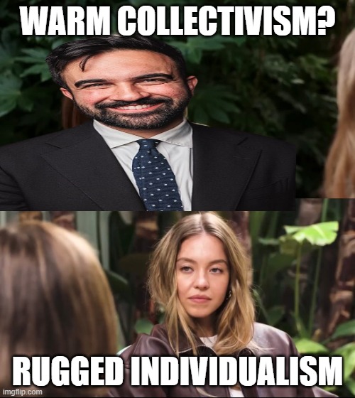 Sydney Sweeney Jeans | WARM COLLECTIVISM? RUGGED INDIVIDUALISM | image tagged in sydney sweeney jeans | made w/ Imgflip meme maker