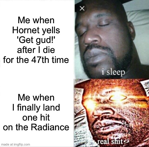 Sleeping Shaq | Me when Hornet yells 'Get gud!' after I die for the 47th time; Me when I finally land one hit on the Radiance | image tagged in memes,sleeping shaq | made w/ Imgflip meme maker