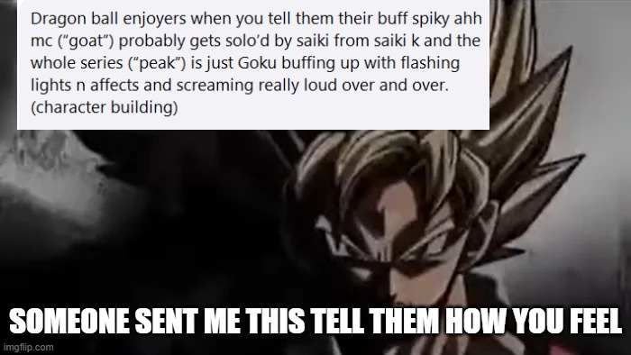 Naw, this ain't gonna fly on my watch | SOMEONE SENT ME THIS TELL THEM HOW YOU FEEL | image tagged in goku staring | made w/ Imgflip meme maker