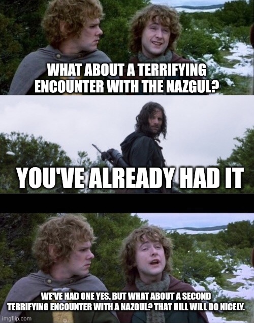 Pippin Second Breakfast | WHAT ABOUT A TERRIFYING ENCOUNTER WITH THE NAZGUL? YOU'VE ALREADY HAD IT; WE'VE HAD ONE YES. BUT WHAT ABOUT A SECOND TERRIFYING ENCOUNTER WITH A NAZGUL? THAT HILL WILL DO NICELY. | image tagged in pippin second breakfast | made w/ Imgflip meme maker