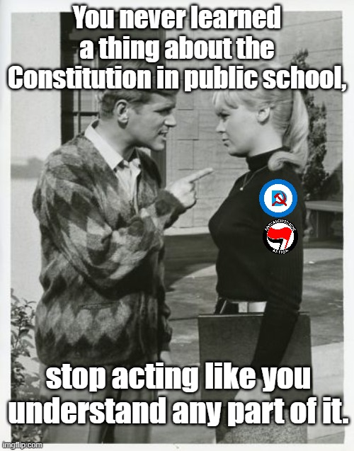 I'm weary of the generation that can't read or add 1+1 acting like they know what the Constitution says... | You never learned a thing about the Constitution in public school, stop acting like you understand any part of it. | image tagged in pointing | made w/ Imgflip meme maker
