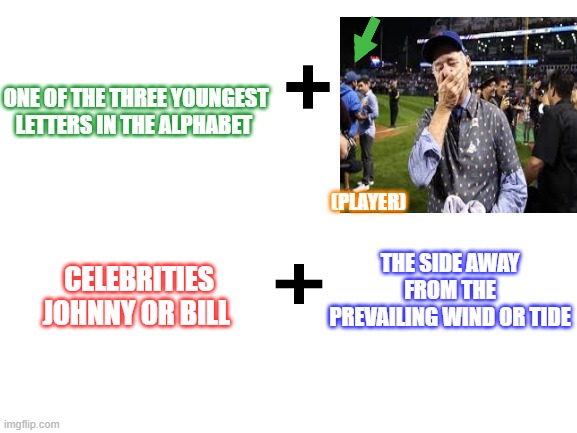 ONE OF THE THREE YOUNGEST LETTERS IN THE ALPHABET (PLAYER) CELEBRITIES JOHNNY OR BILL THE SIDE AWAY FROM THE PREVAILING WIND OR TIDE | image tagged in blank white template | made w/ Imgflip meme maker