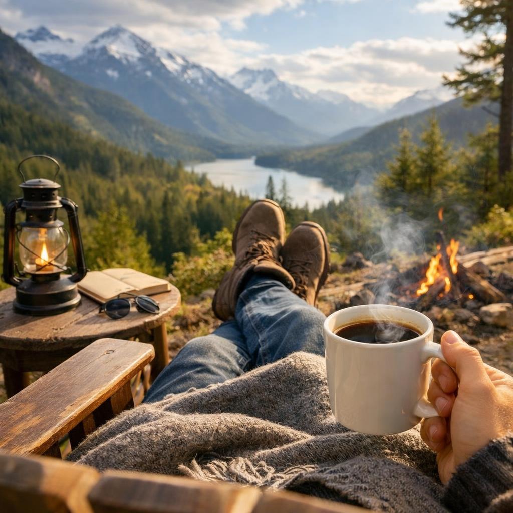 Someone relaxing with coffee outdoors Blank Meme Template