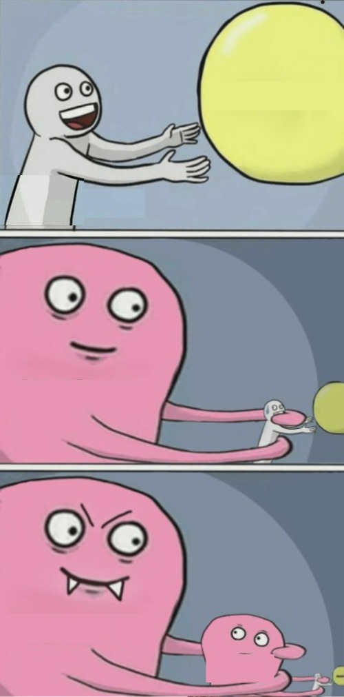 Person yellow ballon pink blob 3 panels Blank Meme Template