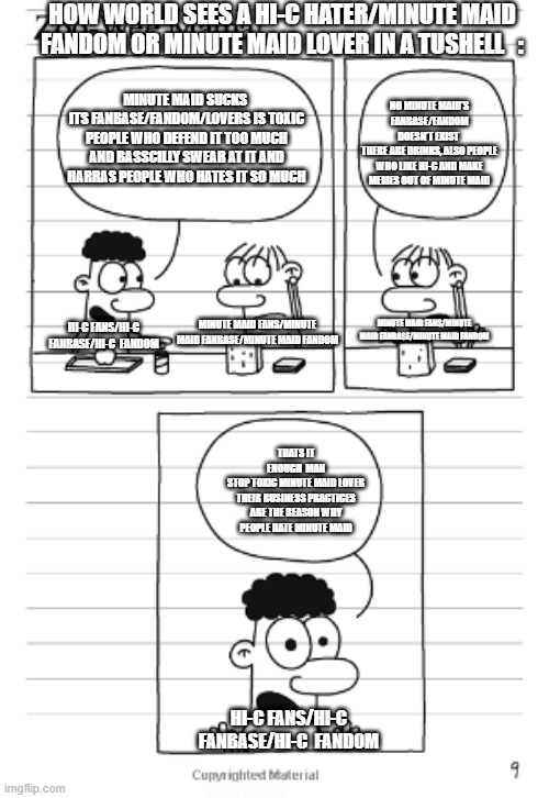 This Is A True Meme About Minute Maid's Fanbase By The Way #BringHi-CBackToIts90sand200sEra #DiscounteMinuteMaid | HOW WORLD SEES A HI-C HATER/MINUTE MAID FANDOM OR MINUTE MAID LOVER IN A TUSHELL   :; NO MINUTE MAID'S FANBASE/FANDOM DOESN'T EXIST 
THERE ARE DRINKS, ALSO PEOPLE WHO LIKE HI-C AND MAKE MEMES OUT OF MINUTE MAID; MINUTE MAID SUCKS 
ITS FANBASE/FANDOM/LOVERS IS TOXIC PEOPLE WHO DEFEND IT TOO MUCH AND BASSCILLY SWEAR AT IT AND HARRAS PEOPLE WHO HATES IT SO MUCH; MINUTE MAID FANS/MINUTE MAID FANBASE/MINUTE MAID FANDOM; MINUTE MAID FANS/MINUTE MAID FANBASE/MINUTE MAID FANDOM; HI-C FANS/HI-C FANBASE/HI-C  FANDOM; THATS IT
ENOUGH  MAN
STOP TOXIC MINUTE MAID LOVER
THEIR BUSINESS PRACTICES ARE THE REASON WHY PEOPLE HATE MINUTE MAID; HI-C FANS/HI-C FANBASE/HI-C  FANDOM | image tagged in zoo wee mama,hi-c,minute maid sucks | made w/ Imgflip meme maker