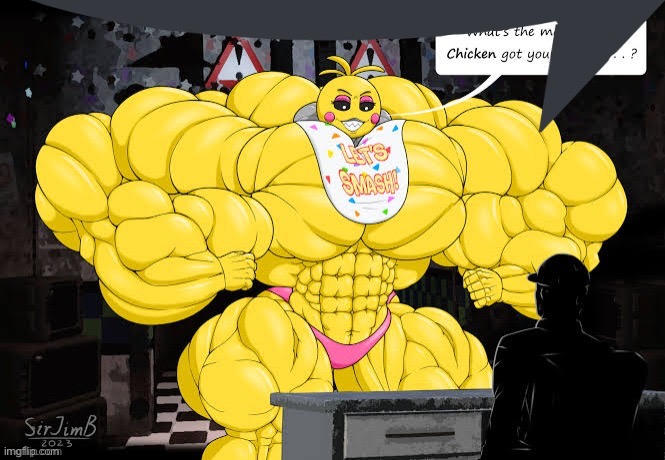 buff toy chica speech bubble | image tagged in buff toy chica speech bubble | made w/ Imgflip meme maker