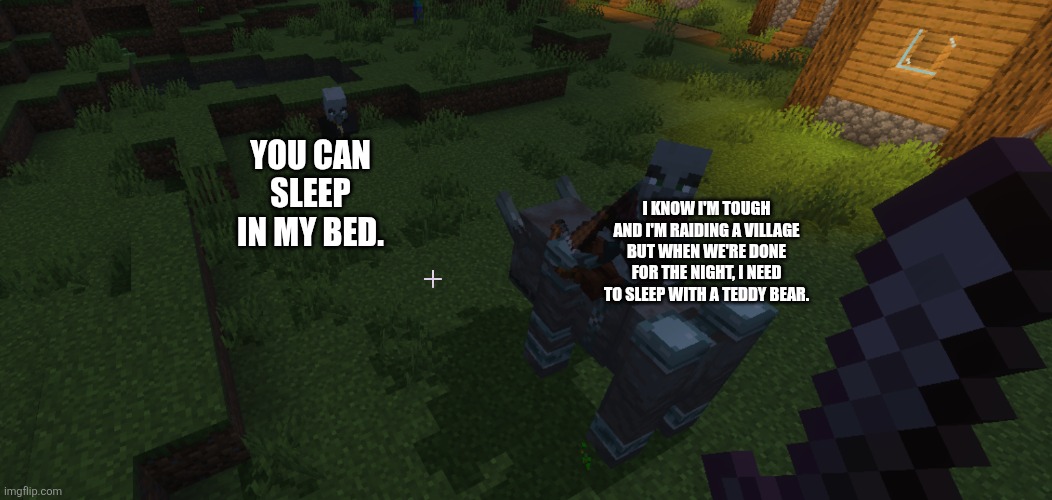 Illagers | YOU CAN SLEEP IN MY BED. I KNOW I'M TOUGH AND I'M RAIDING A VILLAGE BUT WHEN WE'RE DONE FOR THE NIGHT, I NEED TO SLEEP WITH A TEDDY BEAR. | image tagged in illagers | made w/ Imgflip meme maker