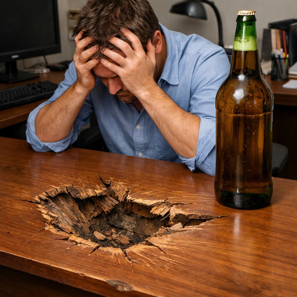 Huge desk dent in it. Man holding head. Large bottle of beer on Blank Meme Template