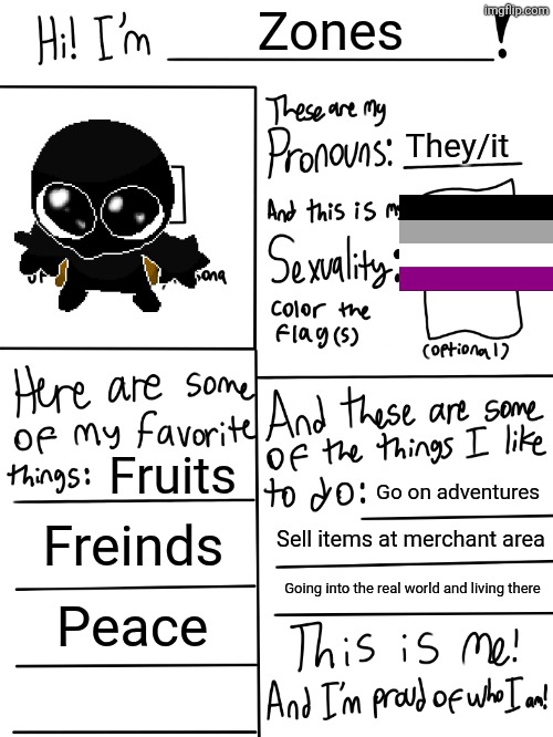 Might as well | Zones; They/it; Fruits; Go on adventures; Freinds; Sell items at merchant area; Going into the real world and living there; Peace | image tagged in lgbtq stream account profile | made w/ Imgflip meme maker
