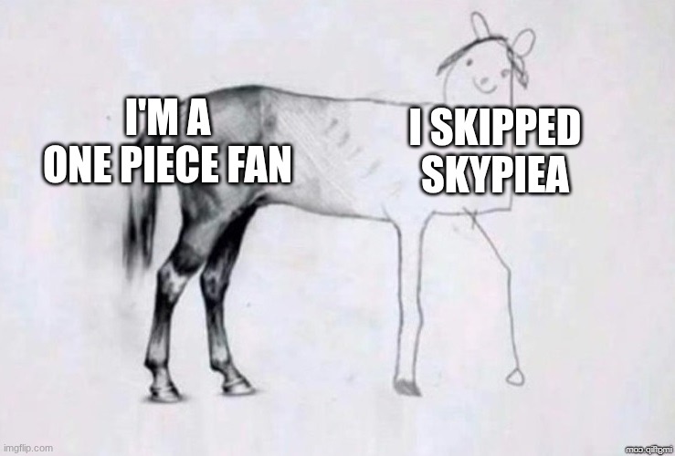 Why are you looking at the title | I'M A ONE PIECE FAN; I SKIPPED SKYPIEA | image tagged in horse drawing,one piece | made w/ Imgflip meme maker