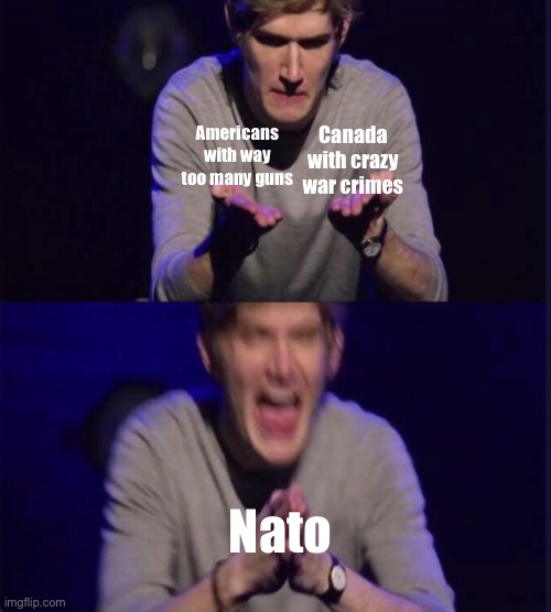 Bo Burnham | Canada with crazy war crimes; Americans with way too many guns; Nato | image tagged in bo burnham | made w/ Imgflip meme maker