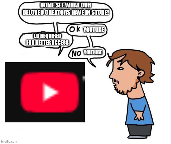Youtube really dropped the ball | COME SEE WHAT OUR BELOVED CREATORS HAVE IN STORE! YOUTUBE; I.D REQUIRED FOR BETTER ACCESS; YOUTUBE | image tagged in ok blank no blank,youtube | made w/ Imgflip meme maker