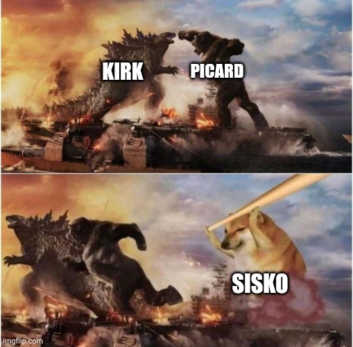I don't even care, Sisko's a badass. | KIRK; PICARD; SISKO | image tagged in star trek,star trek deep space nine,star trek the next generation,captain kirk,captain picard,captain sisko | made w/ Imgflip meme maker