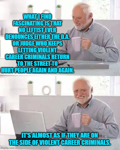 Have you noticed this? | WHAT I FIND FASCINATING IS THAT NO LEFTIST EVER DENOUNCES EITHER THE D.A. OR JUDGE WHO KEEPS LETTING VIOLENT CAREER CRIMINALS RETURN TO THE STREET TO HURT PEOPLE AGAIN AND AGAIN. IT'S ALMOST AS IF THEY ARE ON THE SIDE OF VIOLENT CAREER CRIMINALS. | image tagged in hide the pain harold | made w/ Imgflip meme maker