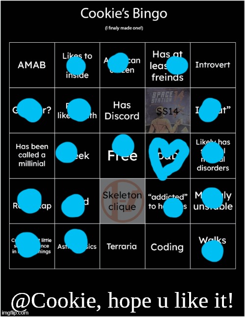Cookie's first bingo | @Cookie, hope u like it! | image tagged in cookie's first bingo | made w/ Imgflip meme maker
