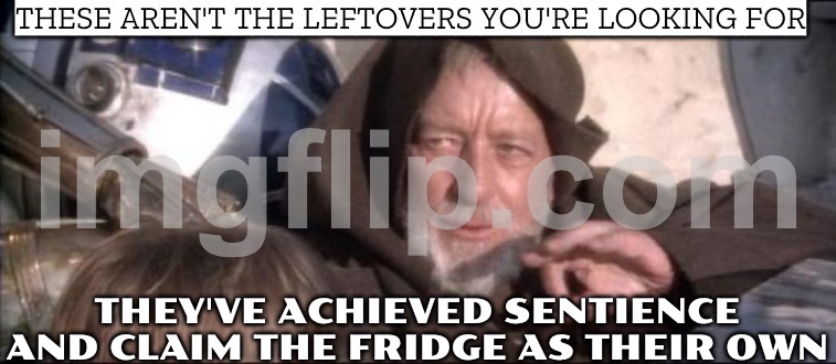 THESE AREN'T THE LEFTOVERS YOU'RE LOOKING FOR; THEY'VE ACHIEVED SENTIENCE AND CLAIM THE FRIDGE AS THEIR OWN | THESE AREN'T THE LEFTOVERS YOU'RE LOOKING FOR; THEY'VE ACHIEVED SENTIENCE AND CLAIM THE FRIDGE AS THEIR OWN | image tagged in memes,these aren't the droids you were looking for,fridge,leftovers,food memes,microwave | made w/ Imgflip meme maker