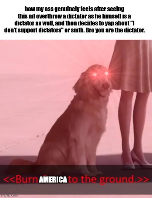 Political rant from a "WoKe LibErAl" or whatever the hell you guys call us | how my ass genuinely feels after seeing this mf overthrow a dictator as he himself is a dictator as well, and then decides to yap about "I don't support dictators" or smth. Bro you are the dictator. AMERICA | image tagged in jpeg dog | made w/ Imgflip meme maker