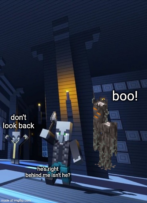 the creakle found it's way into the mansion! they illagee are not safe anywhere!!! cowards stupid BABY illages | boo! don't look back; he's right behind me isn't he? | image tagged in illagers | made w/ Imgflip meme maker