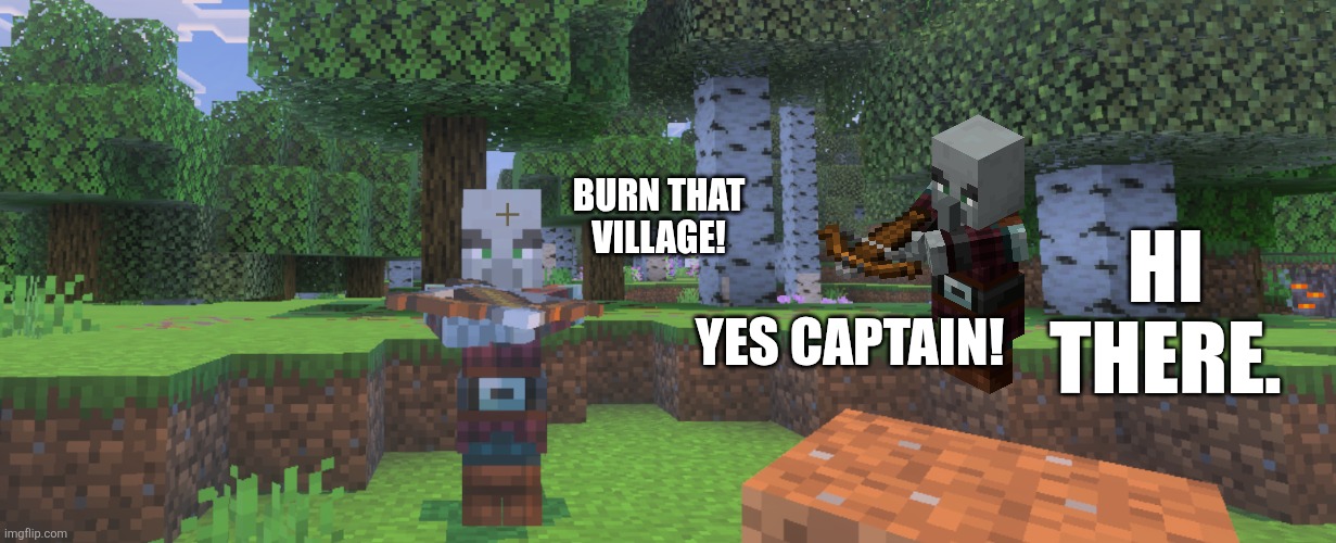 Pillager | BURN THAT VILLAGE! YES CAPTAIN! HI THERE. | image tagged in pillager | made w/ Imgflip meme maker