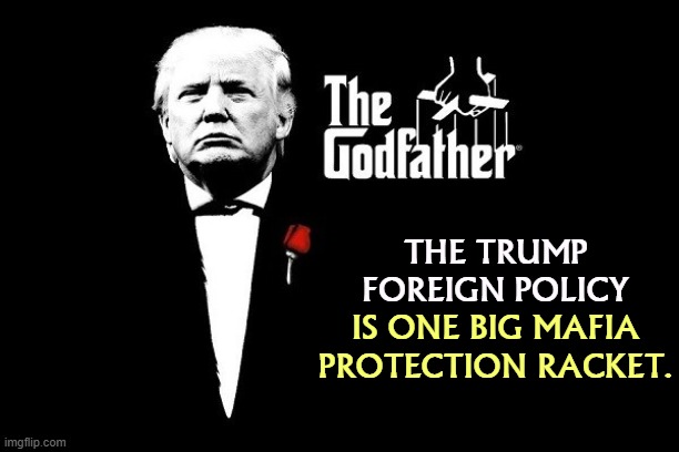Extortion so a few will profit. Not you. | THE TRUMP FOREIGN POLICY; IS ONE BIG MAFIA PROTECTION RACKET. | image tagged in trump,foreign policy,mafia,protection,racket | made w/ Imgflip meme maker