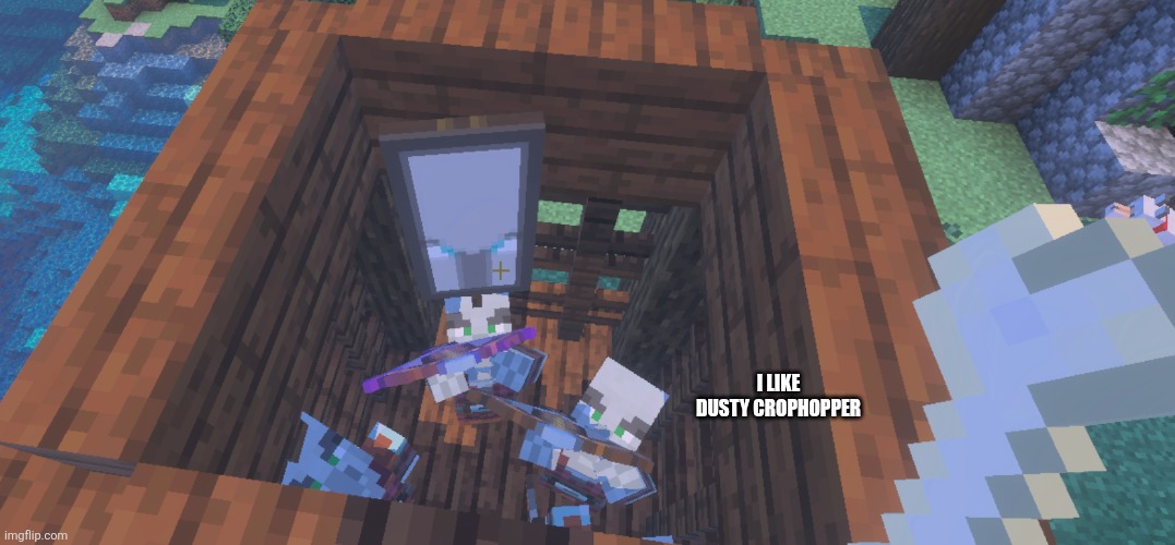 Two Illager Captains at Pillager Outpost | I LIKE DUSTY CROPHOPPER | image tagged in two illager captains at pillager outpost | made w/ Imgflip meme maker