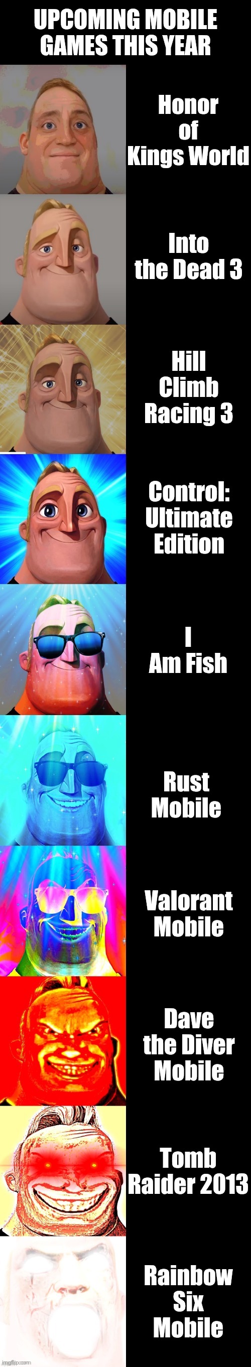 My opinion on upcoming mobile games this year (Explanation in the Comments) | UPCOMING MOBILE GAMES THIS YEAR; Honor of Kings World; Into the Dead 3; Hill Climb Racing 3; Control: Ultimate Edition; I Am Fish; Rust Mobile; Valorant Mobile; Dave the Diver Mobile; Tomb Raider 2013; Rainbow Six Mobile | image tagged in mr incredible becoming canny,memes,mobile games,ios,android,gaming | made w/ Imgflip meme maker