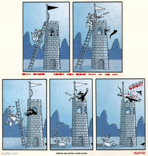 image tagged in spy vs spy,tower,scissors,flag,knife,chop | made w/ Imgflip meme maker
