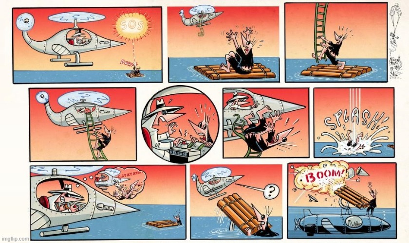 image tagged in spy vs spy,raft,stranded,helicopter,rockets,boom | made w/ Imgflip meme maker