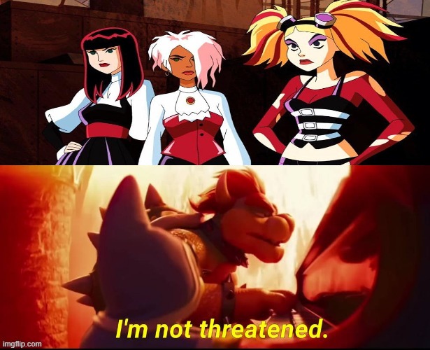 bowser is threatened by the hex girls | image tagged in bowser is threatened by muzan,super mario,hex girls,scooby doo,crossover memes,mario movie | made w/ Imgflip meme maker