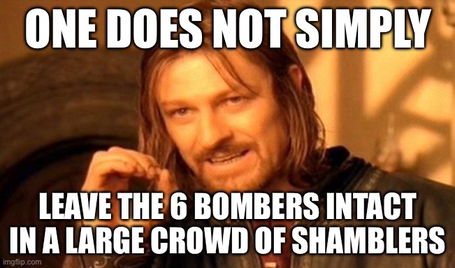common sense | ONE DOES NOT SIMPLY; LEAVE THE 6 BOMBERS INTACT IN A LARGE CROWD OF SHAMBLERS | image tagged in memes,one does not simply | made w/ Imgflip meme maker