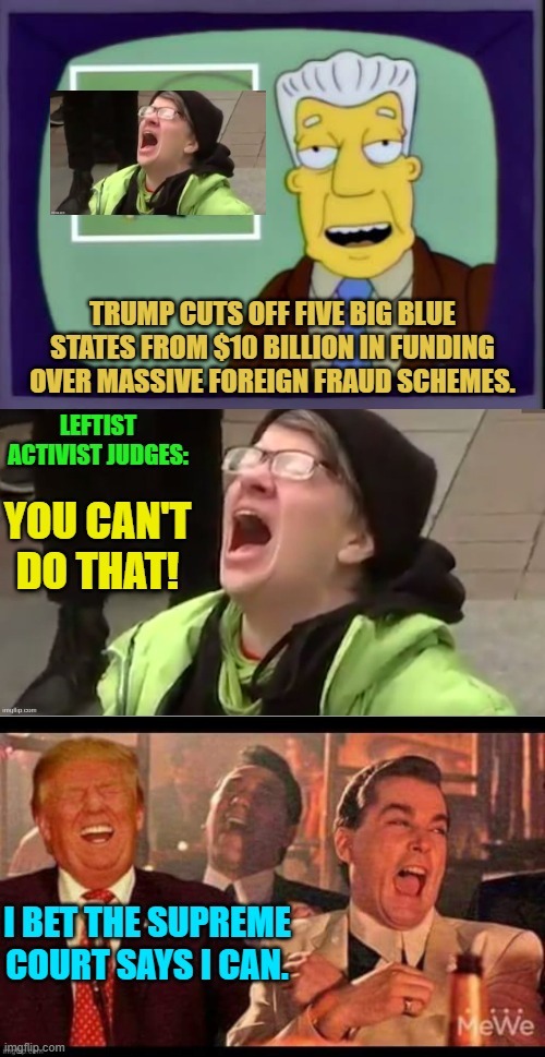 I bet Trump can as well.  Let's try it and see. | TRUMP CUTS OFF FIVE BIG BLUE STATES FROM $10 BILLION IN FUNDING OVER MASSIVE FOREIGN FRAUD SCHEMES. LEFTIST ACTIVIST JUDGES:; YOU CAN'T DO THAT! I BET THE SUPREME COURT SAYS I CAN. | image tagged in i for one welcome our new overlords | made w/ Imgflip meme maker