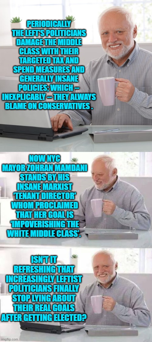 One wonders what percentage of NYC voters are already experiencing 'buyer's remorse'? | PERIODICALLY THE LEFT'S POLITICIANS DAMAGE THE MIDDLE CLASS WITH THEIR TARGETED TAX AND SPEND MEASURES AND GENERALLY INSANE POLICIES; WHICH -- INEXPLICABLY -- THEY ALWAYS BLAME ON CONSERVATIVES . NOW NYC MAYOR ZOHRAN MAMDANI STANDS BY HIS INSANE MARXIST ‘TENANT DIRECTOR' WHOM PROCLAIMED THAT HER GOAL IS ‘IMPOVERISHING THE WHITE MIDDLE CLASS’. ISN'T IT REFRESHING THAT INCREASINGLY LEFTIST POLITICIANS FINALLY STOP LYING ABOUT THEIR REAL GOALS AFTER GETTING ELECTED? | image tagged in hide the pain harold | made w/ Imgflip meme maker