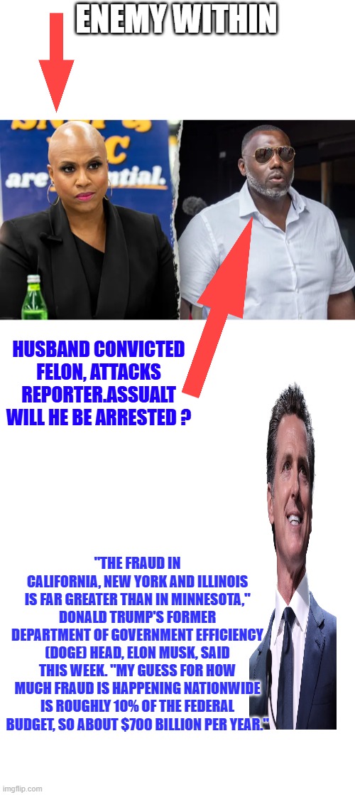 They're all criminals it seems, every Blue State is full of corrupt politicians | ENEMY WITHIN; HUSBAND CONVICTED FELON, ATTACKS REPORTER.ASSUALT WILL HE BE ARRESTED ? "THE FRAUD IN CALIFORNIA, NEW YORK AND ILLINOIS IS FAR GREATER THAN IN MINNESOTA," DONALD TRUMP'S FORMER DEPARTMENT OF GOVERNMENT EFFICIENCY (DOGE) HEAD, ELON MUSK, SAID THIS WEEK. "MY GUESS FOR HOW MUCH FRAUD IS HAPPENING NATIONWIDE IS ROUGHLY 10% OF THE FEDERAL BUDGET, SO ABOUT $700 BILLION PER YEAR." | image tagged in memes,blank transparent square | made w/ Imgflip meme maker