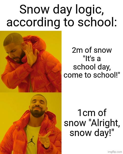 true? | Snow day logic, according to school:; 2m of snow "It's a school day, come to school!"; 1cm of snow "Alright, snow day!" | image tagged in memes,drake hotline bling | made w/ Imgflip meme maker