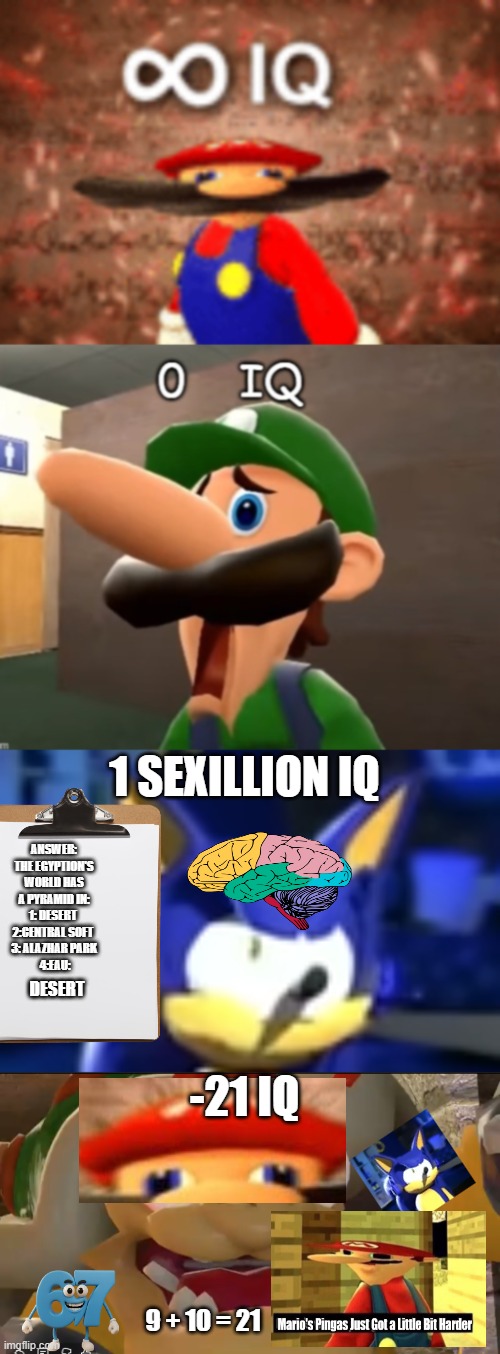 infinite iq vs 0 iq vs 1 zexillion iq vs -21 iq | 1 SEXILLION IQ; ANSWER:
THE EGYPTION'S WORLD HAS A PYRAMID IN:
1: DESERT 
2:CENTRAL SOFT 
3: ALAZHAR PARK
 4:EAU:
............ -21 IQ; DESERT; 9 + 10 = 21 | image tagged in infinite iq vs zero iq | made w/ Imgflip meme maker