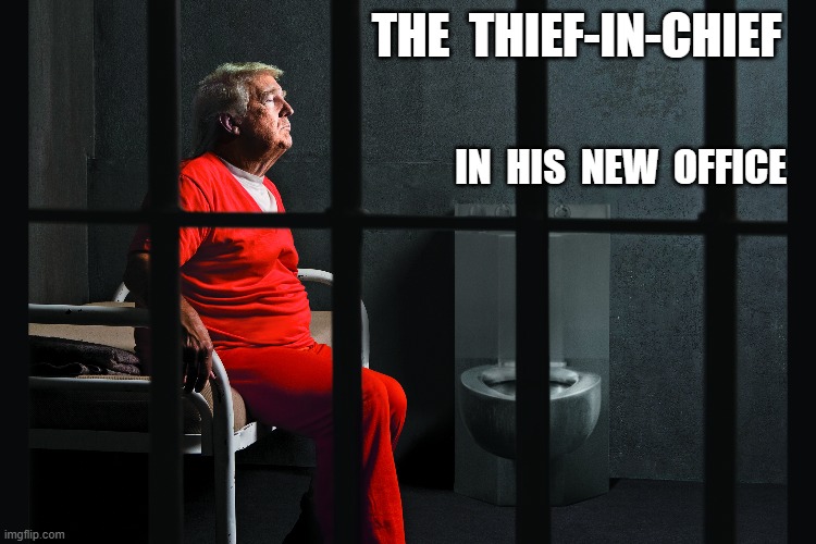 In a Good Place | THE  THIEF-IN-CHIEF; IN  HIS  NEW  OFFICE | image tagged in donald trump | made w/ Imgflip meme maker