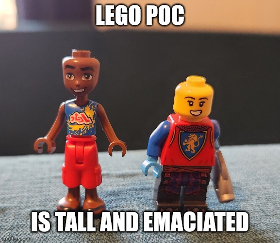 Racist Lego figurines | LEGO POC; IS TALL AND EMACIATED | image tagged in racist,lego,skinny,hungry,starving,poverty | made w/ Imgflip meme maker