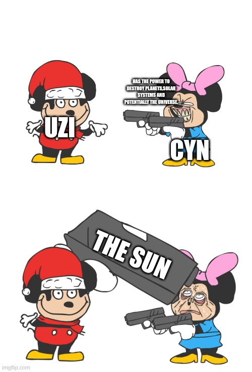 cyn's one weakness | HAS THE POWER TO DESTROY PLANETS,SOLAR SYSTEMS AND POTENTIALLY THE UNIVERSE. UZI; CYN; THE SUN | image tagged in mokey mouse,murder drones,sr pelo | made w/ Imgflip meme maker